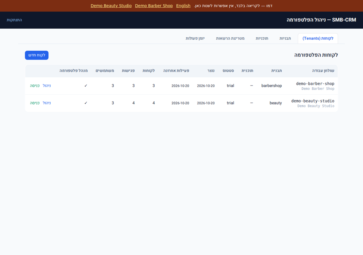 Management console of the SMB-CRM booking and CRM platform, showing tenants, templates and plans.
